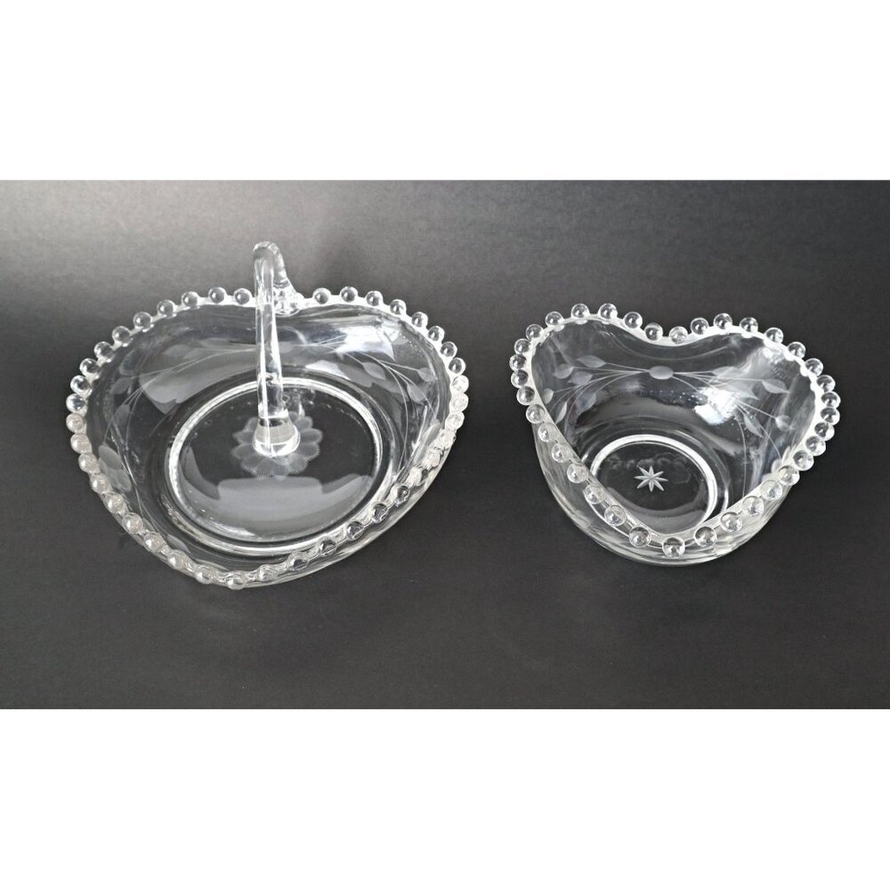 Vintage Heart Shaped Candlewick Candy Dish Condiment Bowls Cornflower Etched